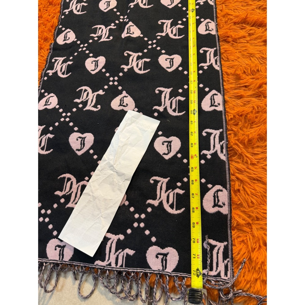 Juicy Couture Reversible Monogram Heart Knit Scarf Black Pink Gothic Logo Fringe - Picture 5 of 5